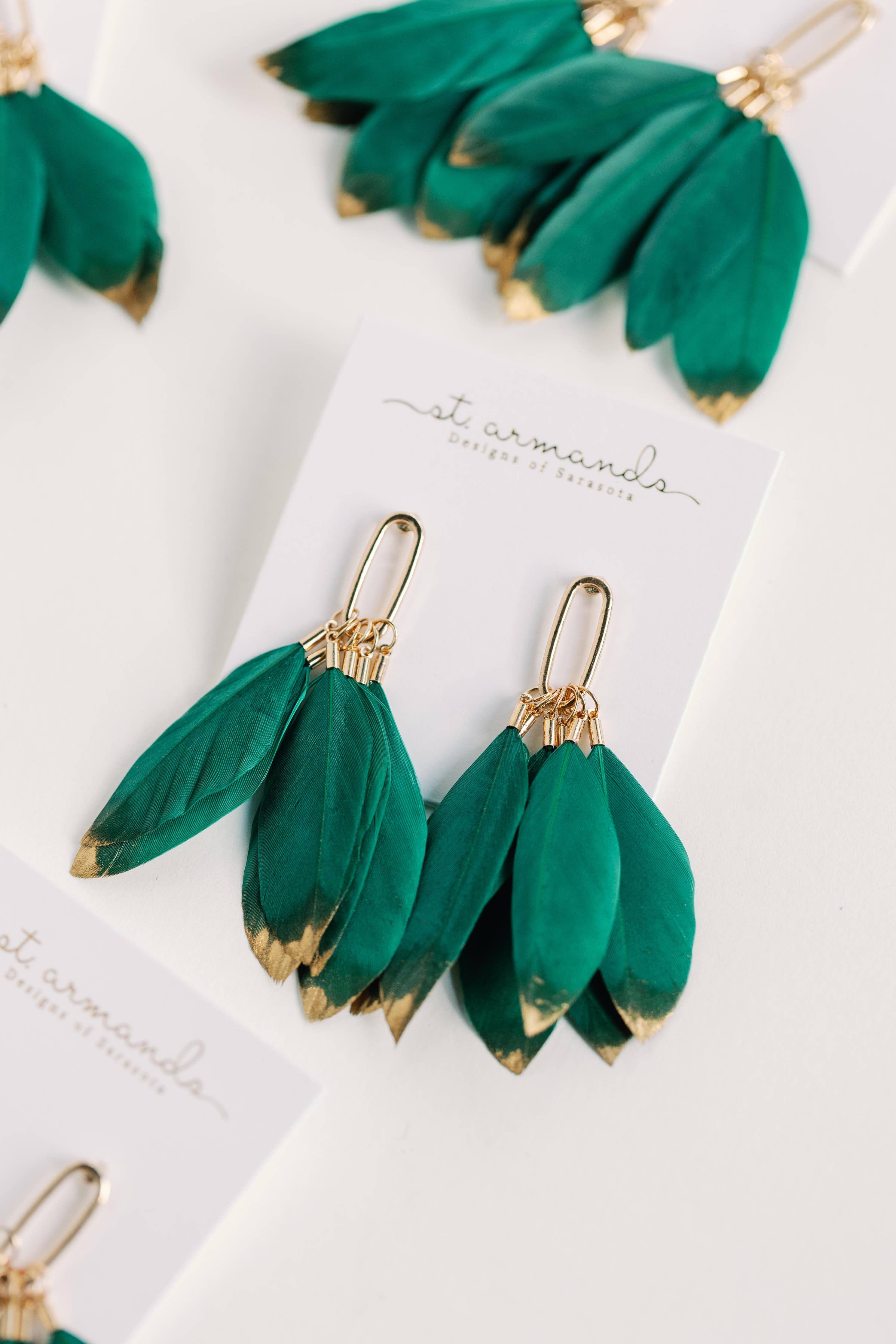 Emerald Gold Dipped Feather Tassel Statement Earrings