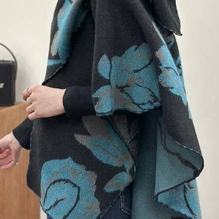 Cozy Cashmere Like Travel Wrap Aqua/Black Reversible Loop