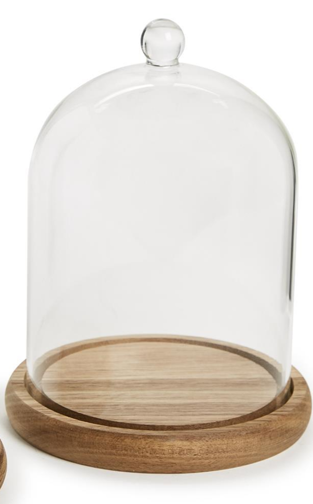 Cloche with Ball Handle and Acacia Wood Base -  8" H x 5 1/2" Dia