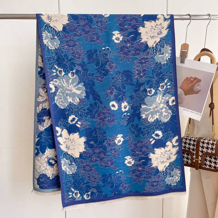 Blue / White Floral Reversible Wrap – Artisan Shawl