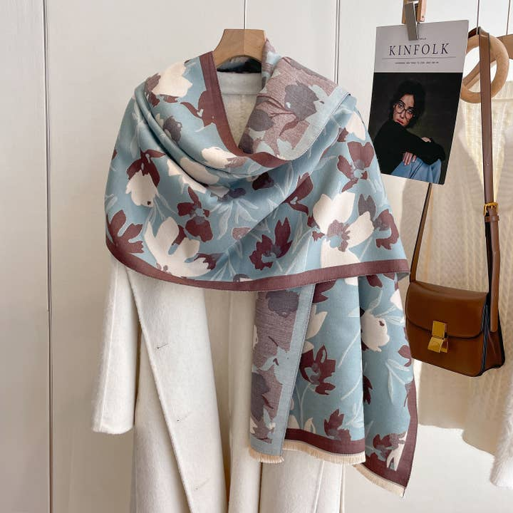 Cozy Cashmere Like Travel Wrap Blue/Brown Flower Reversible