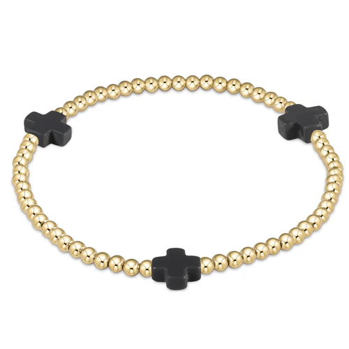 Charcoal Signature Cross Gold Pattern 3mm Bead Bracelet