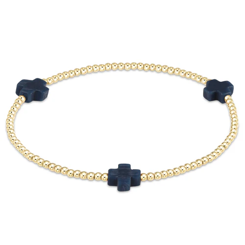 Navy Signature Cross Gold Pattern 2mm Bead Bracelet