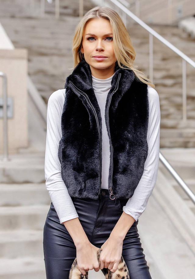 Black Faux Fur Le Mink Zip Vest