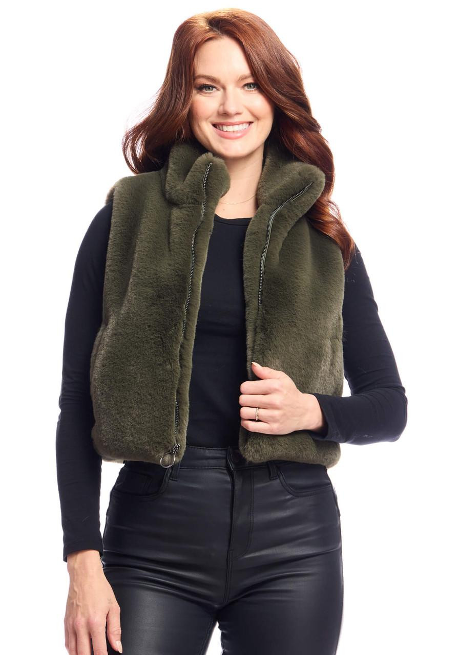 Olive Faux Fur Le Mink Zip Vest - Medium